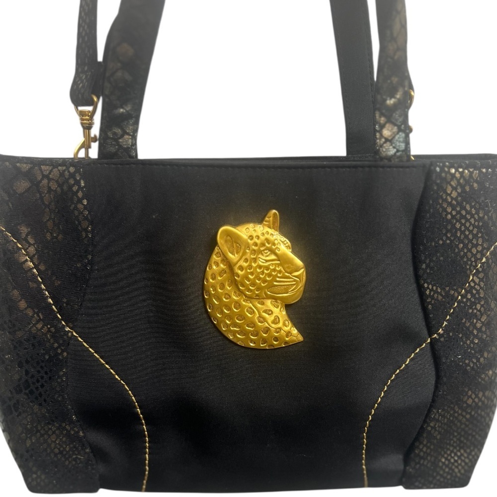 Vintage Marlo Black tote-style handbag gold colored metal jaguar head emblem